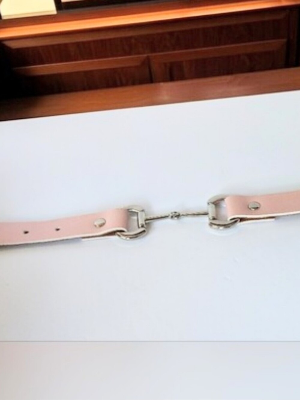 Light Pink Leather Bracelet with Silver Horsebit Detail